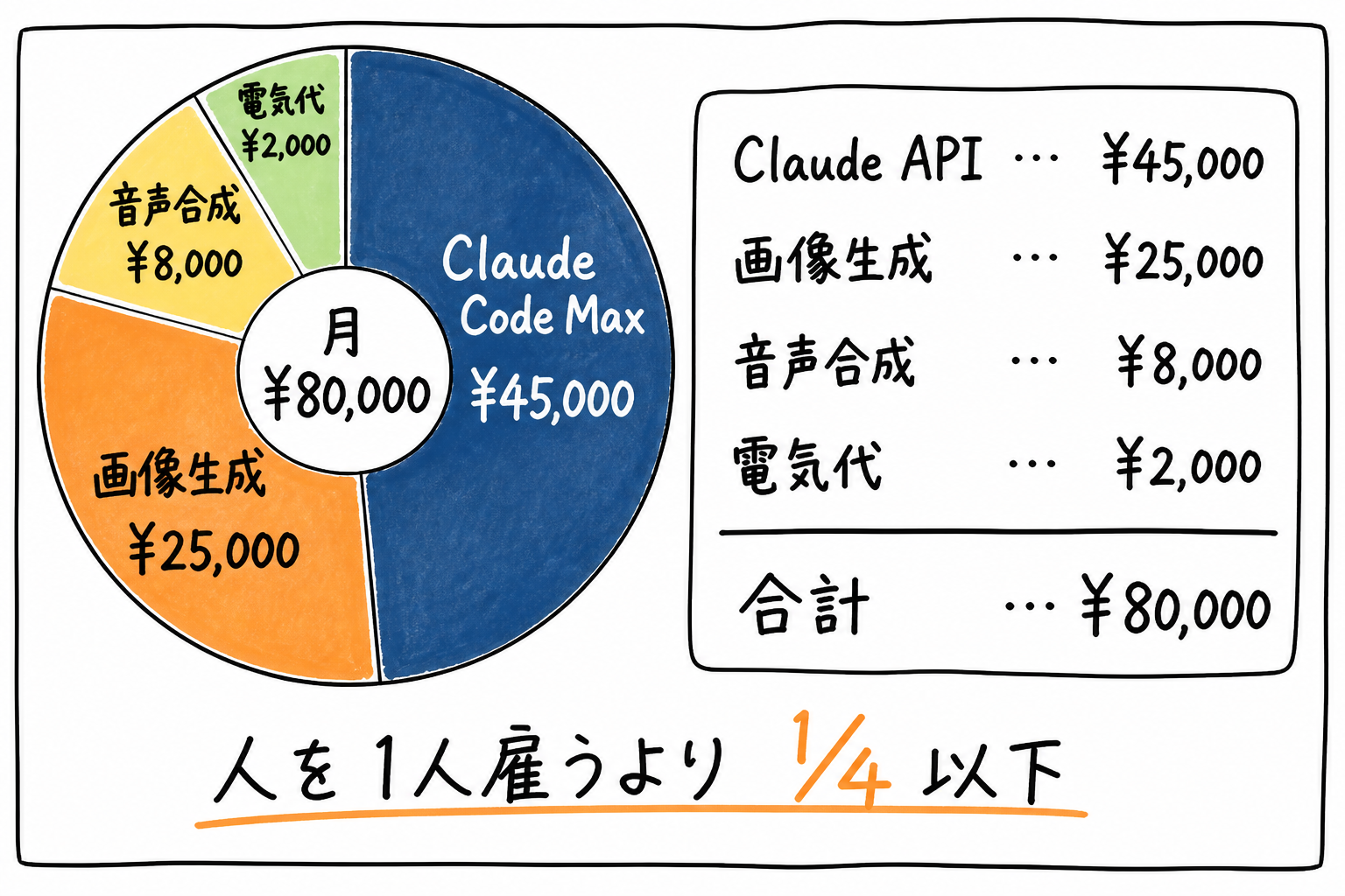 月¥80,000原価の内訳(API+画像生成+音声+電気代)