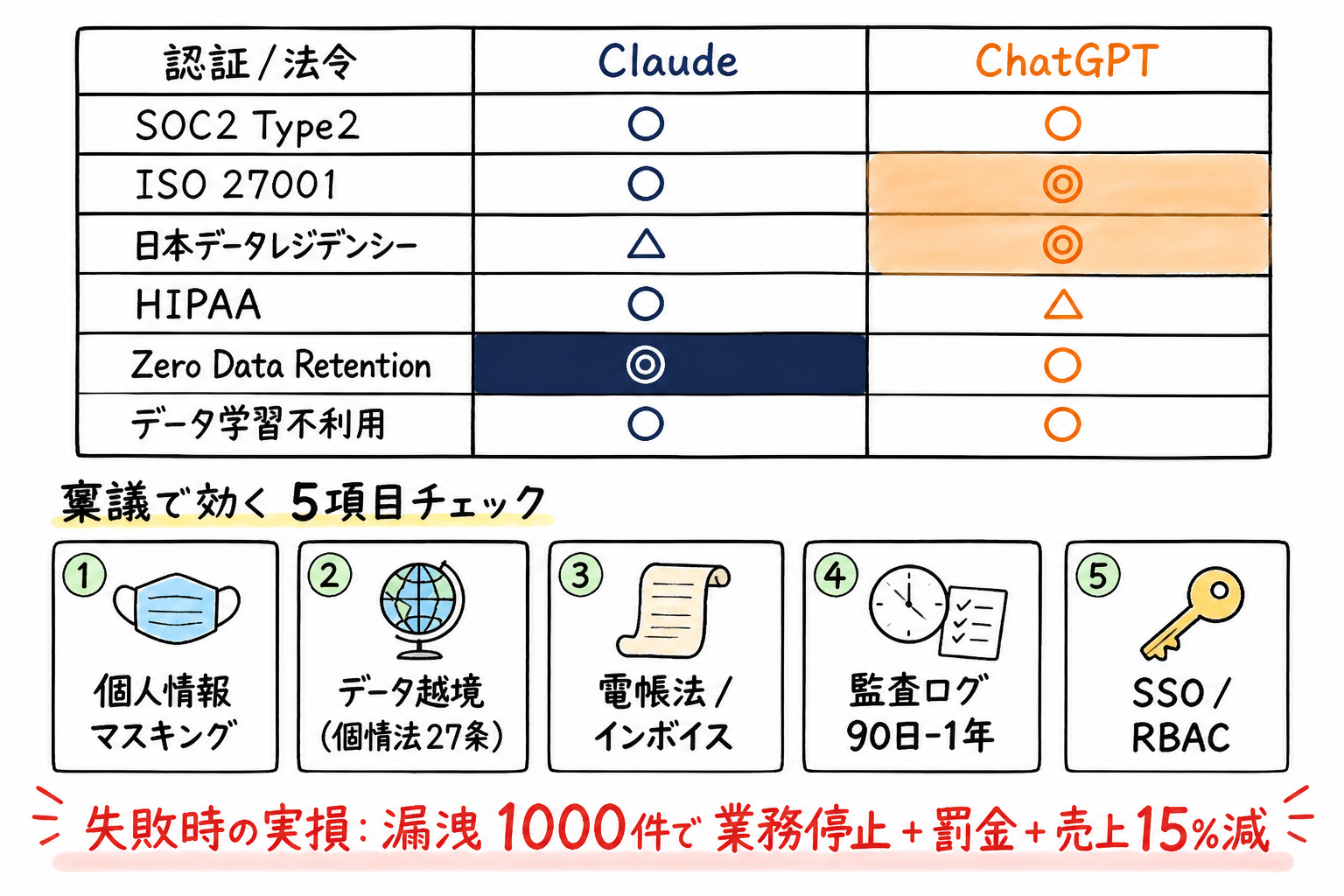 セキュリティ 5項目チェック + 認証比較表