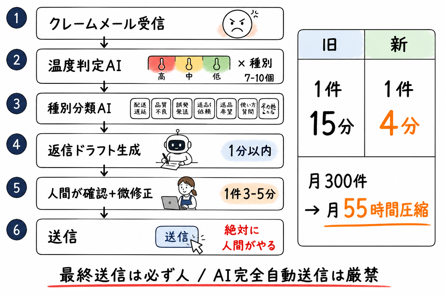 CSクレーム返信フロー(温度判定+AIドラフト+人間確認)