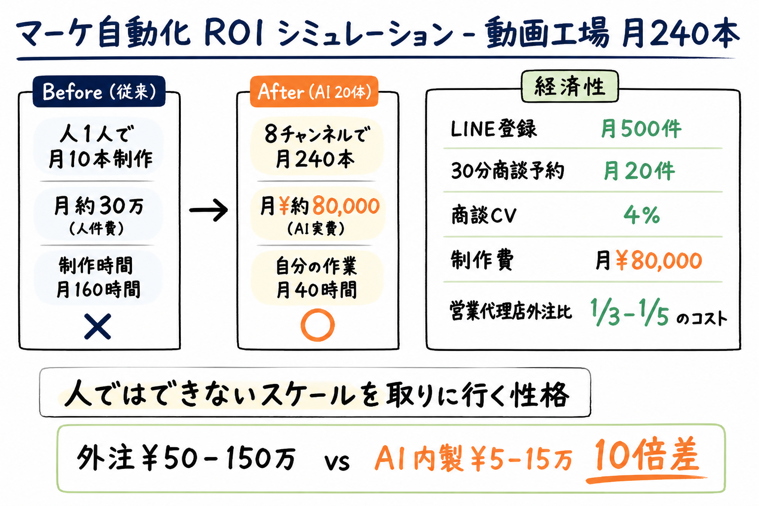 マーケ自動化 ROI シミュレーション(動画工場 月240本)